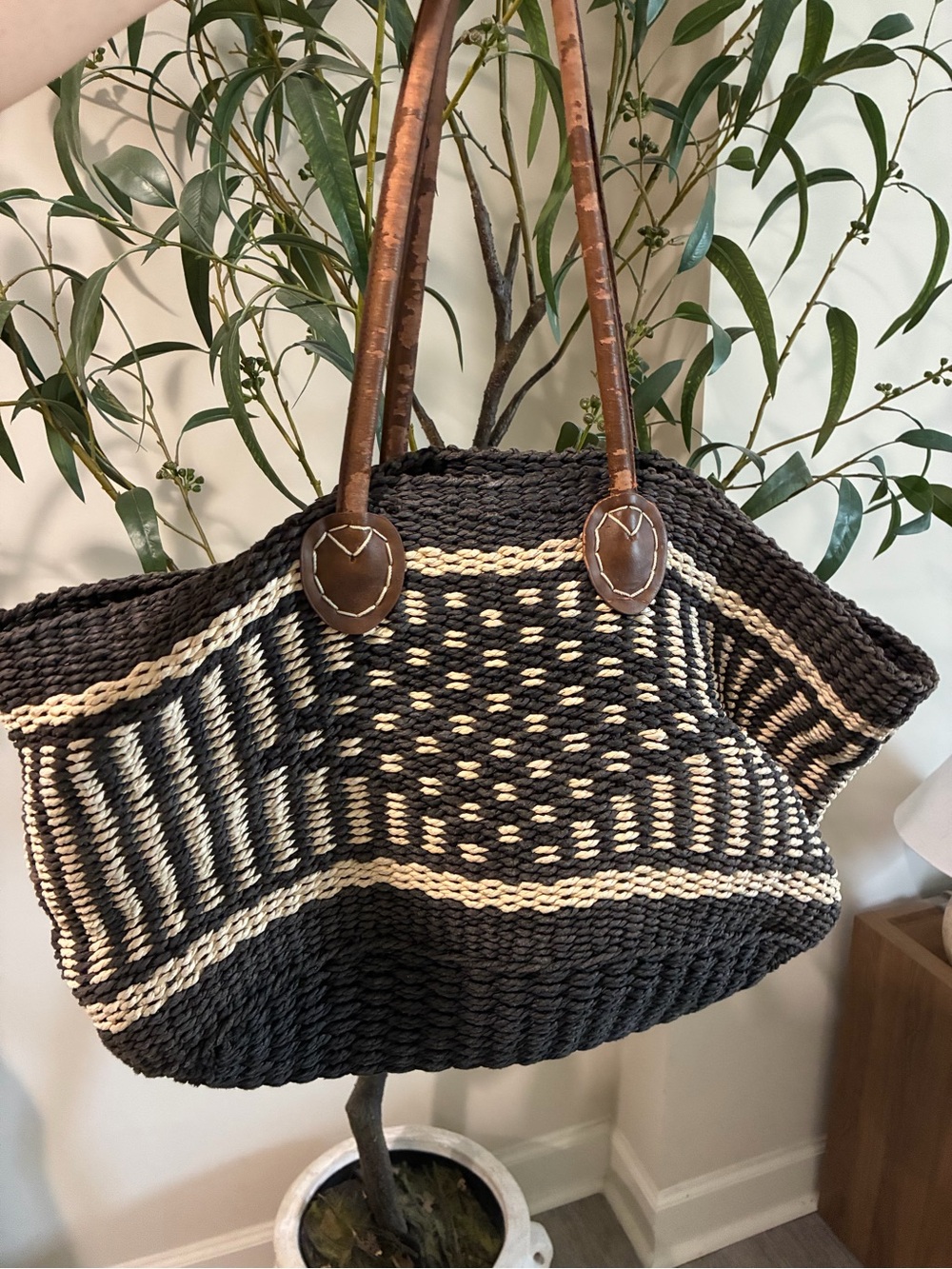Large Woven Black & Cream Straw Tote Bag